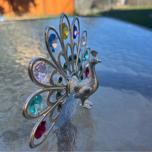 Silver Plated Peacock Figurine With Multicolored Swarovski Crystals Ornament - Picture 6 of 10